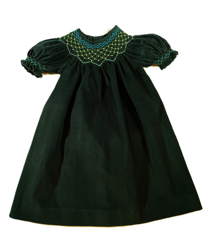 Green Corduroy Smocked with Pearl Bishop Dress