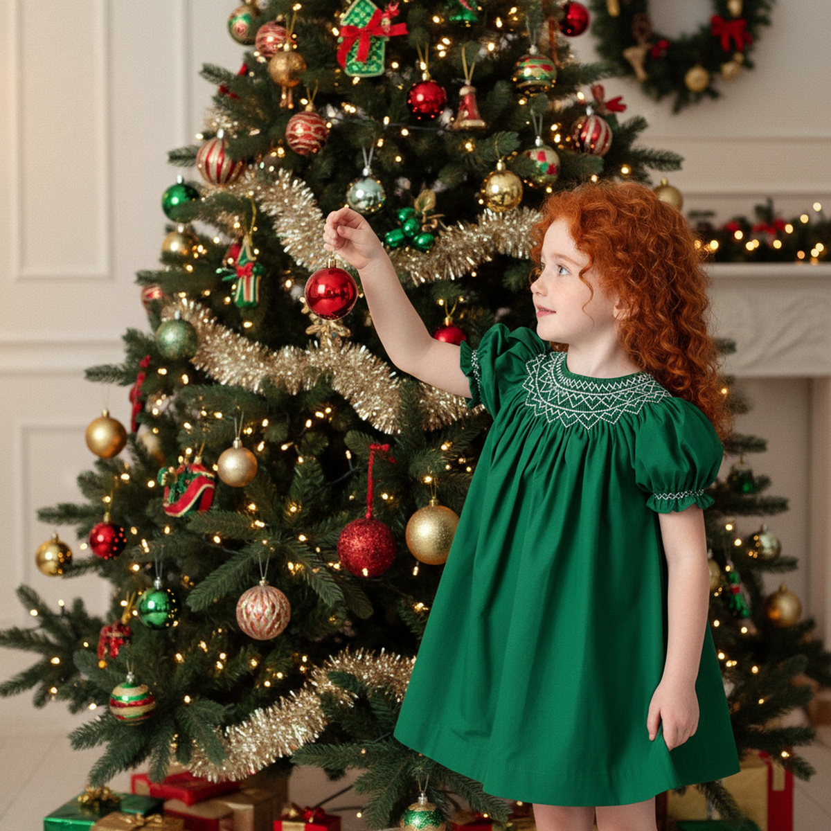 Green Geometric Smocked Short Sleeve Dress