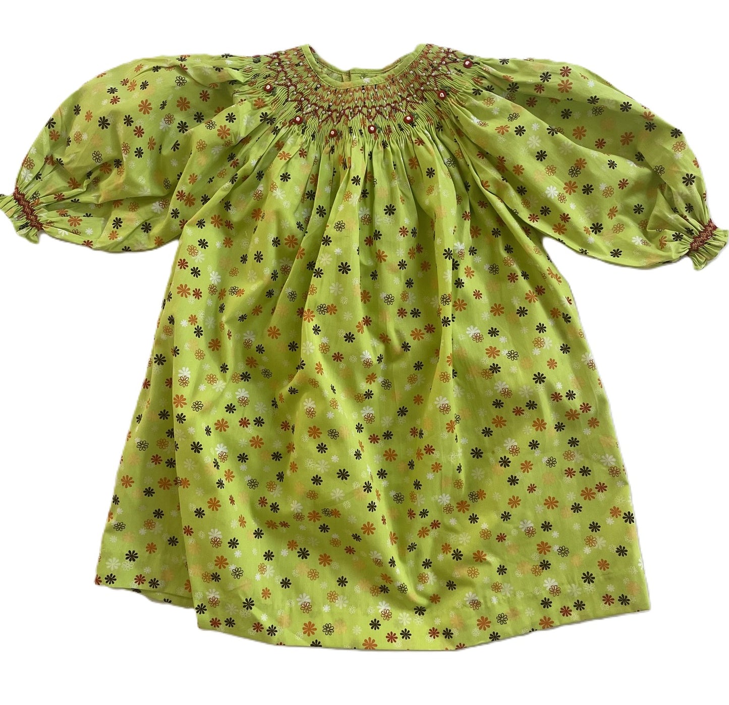 Green Floral Geometric Smocked Long Sleeve Bishop Dress