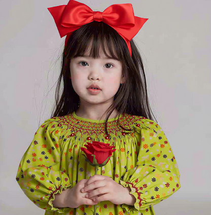 Green Floral Geometric Smocked Long Sleeve Bishop Dress