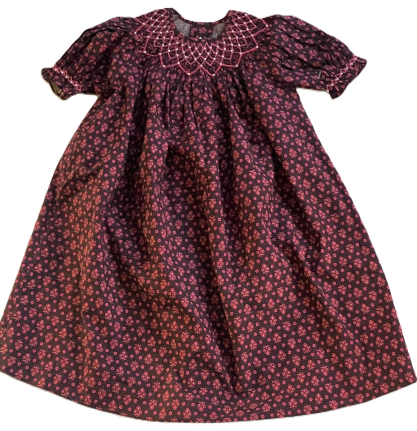 Brown With Burgundy Floral Patterns Geometric Smocked Short Sleeve Bishop Dress