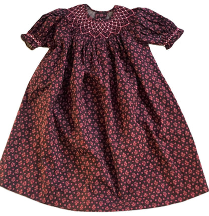 Brown With Burgundy Floral Patterns Geometric Smocked Short Sleeve Bishop Dress