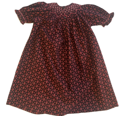 Brown With Burgundy Floral Patterns Geometric Smocked Short Sleeve Bishop Dress