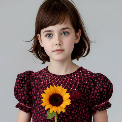 Brown With Burgundy Floral Patterns Geometric Smocked Short Sleeve Bishop Dress