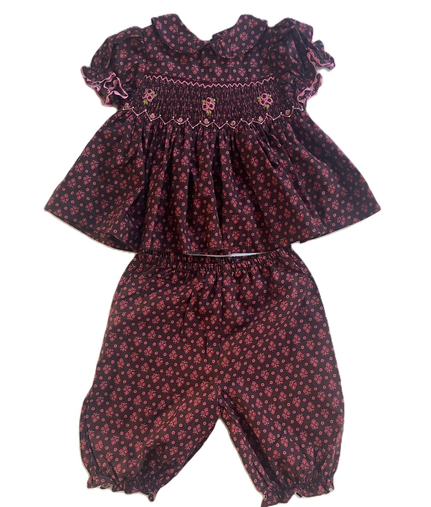 Brown With Burgundy Floral Patterns Geometric Smocked Short Sleeve Set