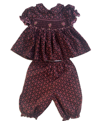 Brown With Burgundy Floral Patterns Geometric Smocked Short Sleeve Set
