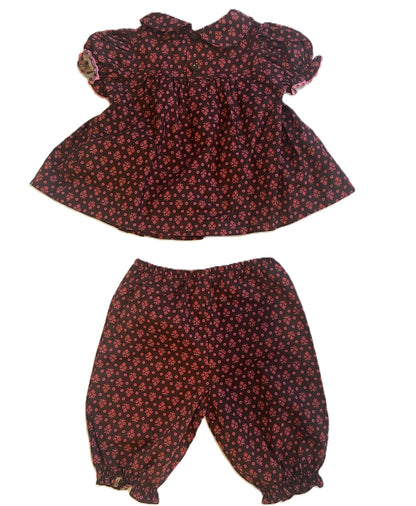 Brown With Burgundy Floral Patterns Geometric Smocked Short Sleeve Set