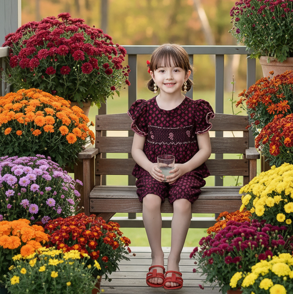Brown With Burgundy Floral Patterns Geometric Smocked Short Sleeve Set