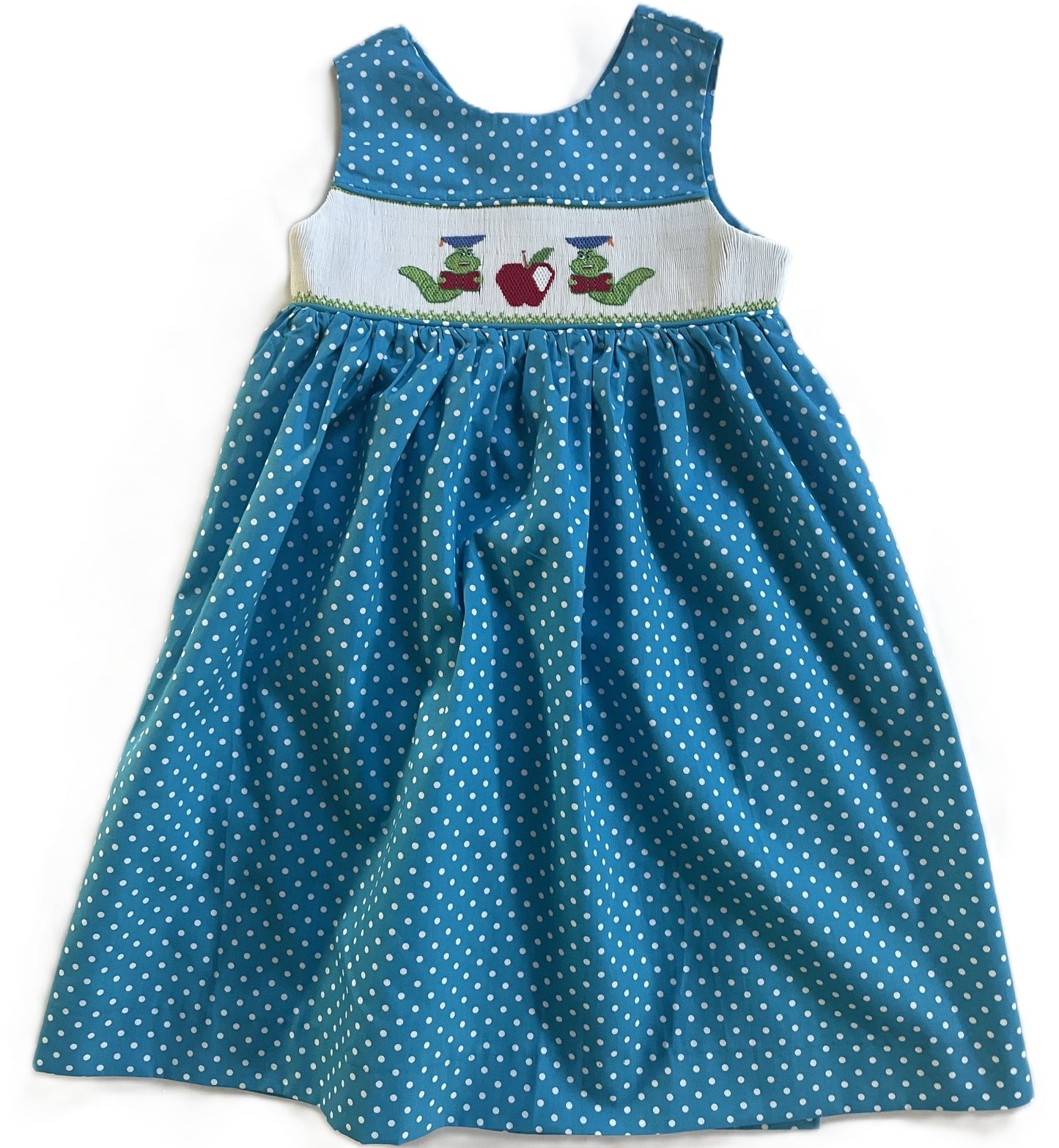 Blue Polka Dots Sleeveless Bishop Dress Featuring CATERPILLARS & APPLES Hand-Smocked