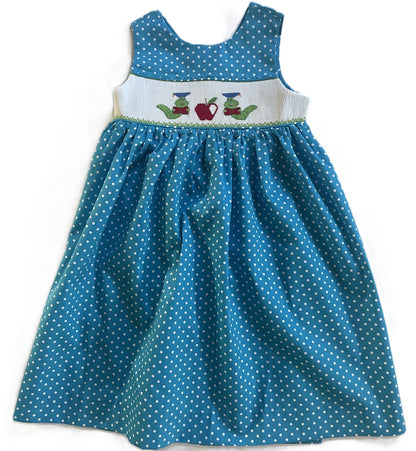 Blue Polka Dots Sleeveless Bishop Dress Featuring CATERPILLARS & APPLES Hand-Smocked