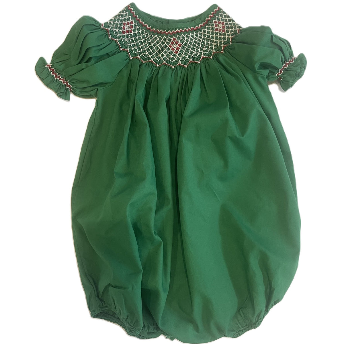 Green Geometric Smocked Short Sleeve Bubble