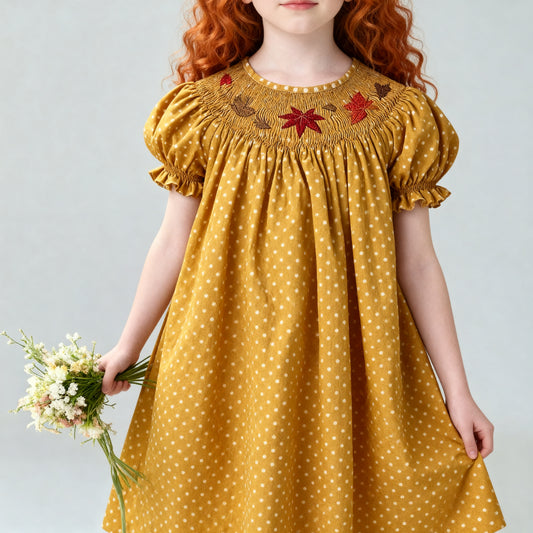 Yellow Polka Dots Short Sleeve Bishop Dress Featuring Multicolored Autumn Leaves Hand Smocked