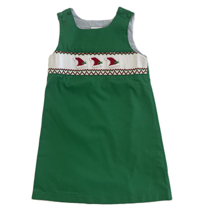 Green A-line Dress With SANTA FACES Hand-Smocked