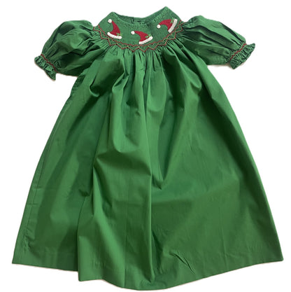 Green Short-Sleeve Bishop Dress With SANTA HATS Hand-Smocked