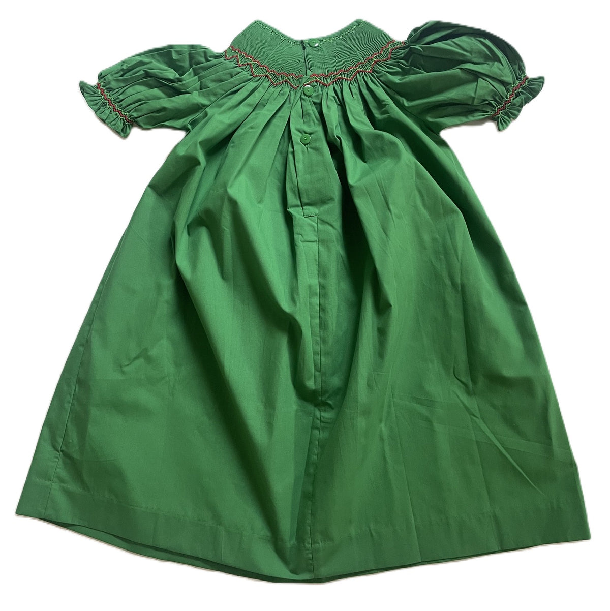Green Short-Sleeve Bishop Dress With SANTA HATS Hand-Smocked