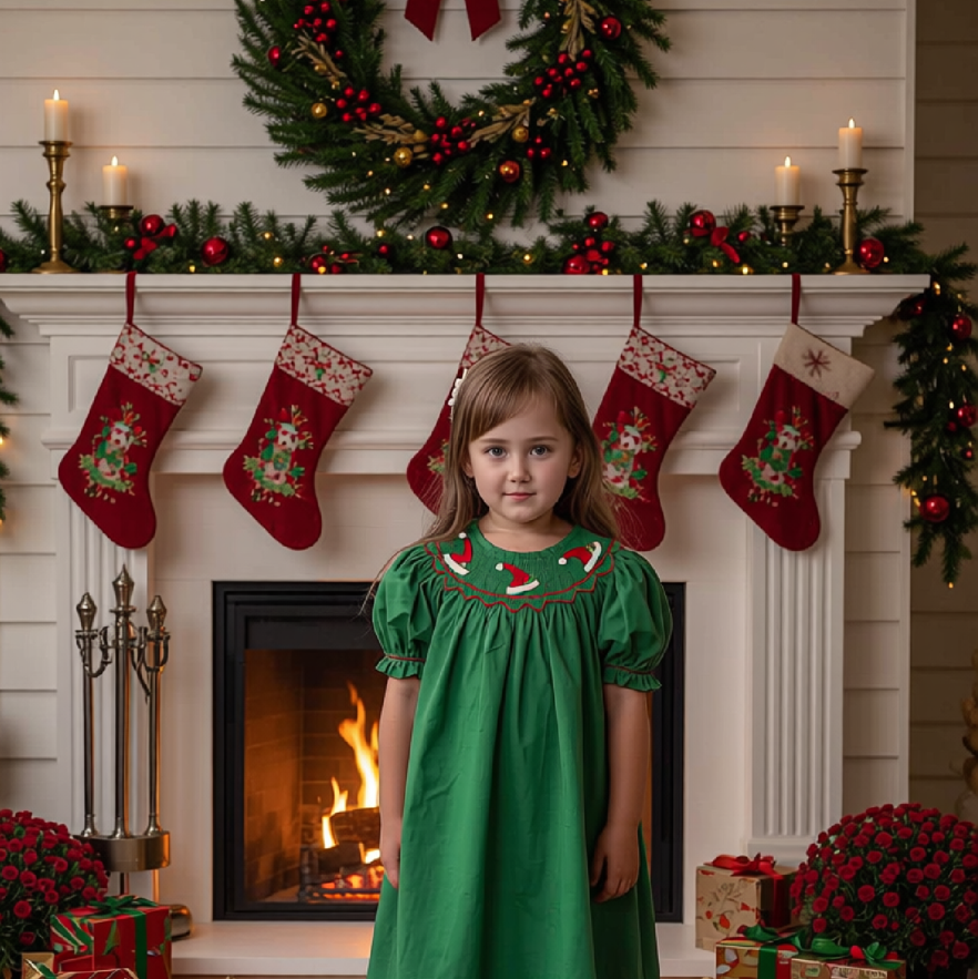 Green Short-Sleeve Bishop Dress With SANTA HATS Hand-Smocked