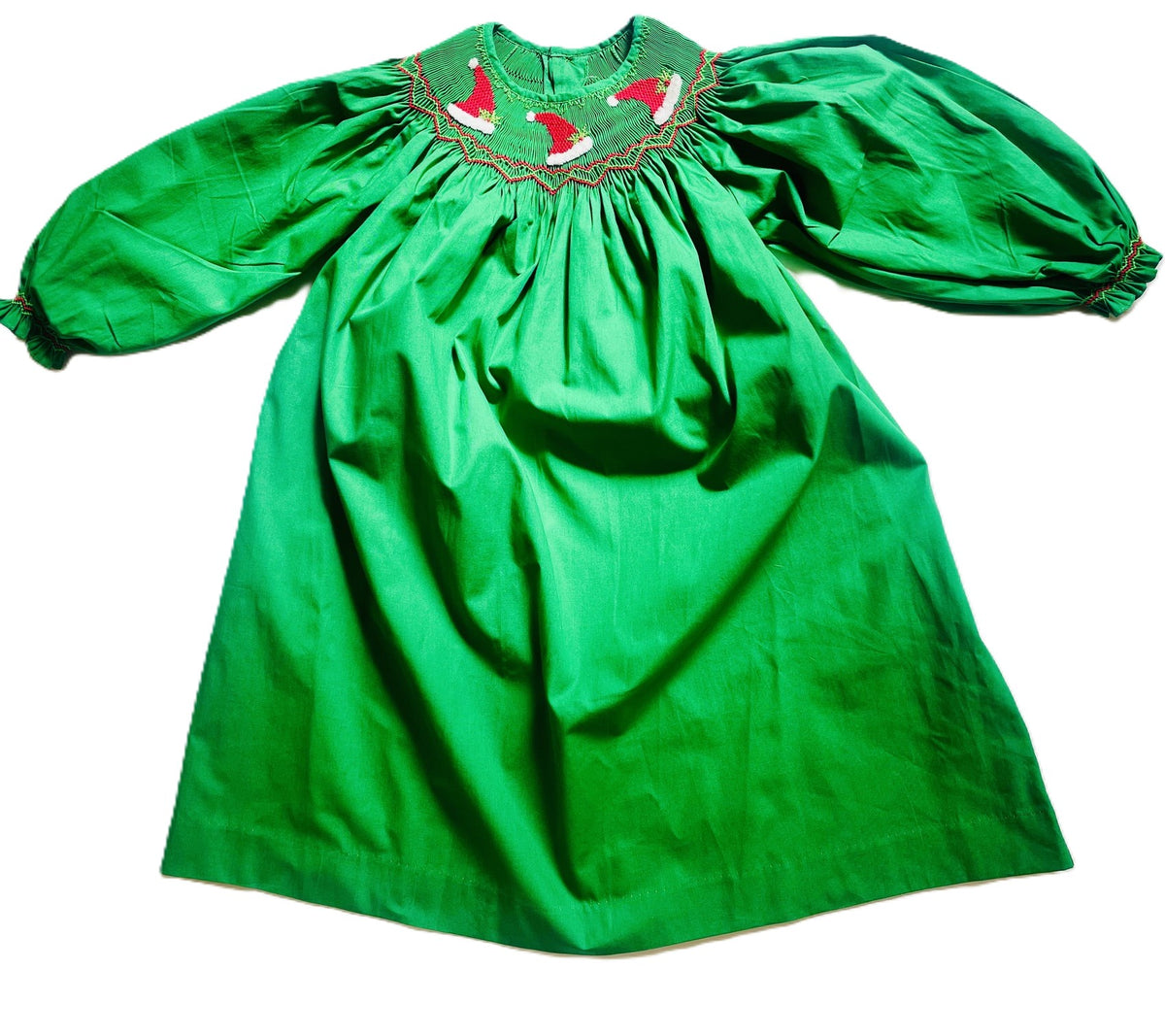 Green Long-Sleeve Bishop Dress With SANTA HATS Hand-Smocked