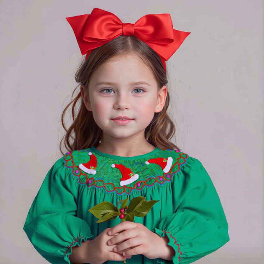 Green Long-Sleeve Bishop Dress With SANTA HATS Hand-Smocked
