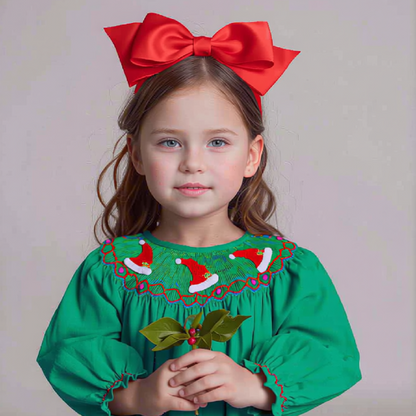 Green Long-Sleeve Bishop Dress With SANTA HATS Hand-Smocked
