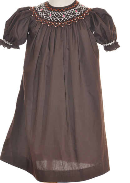 Brown Geometric Smocked Short Sleeve Bishop Dress