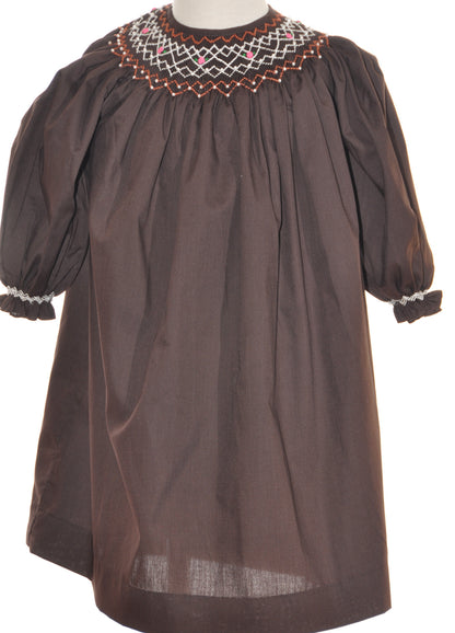 Brown Geometric Smocked Long Sleeve Bishop Dress