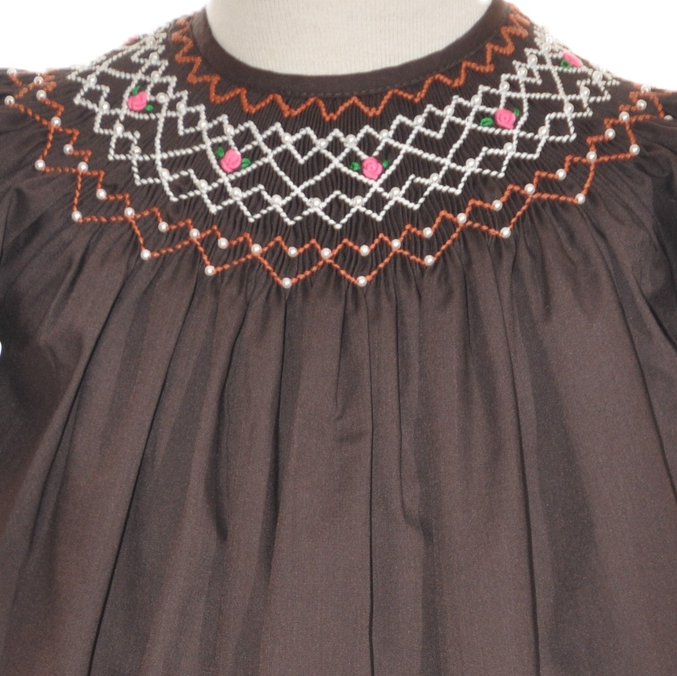 Brown Geometric Smocked Long Sleeve Bishop Dress