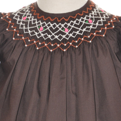 Brown Geometric Smocked Long Sleeve Bishop Dress
