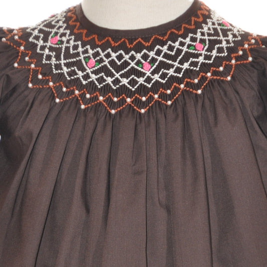 Brown Geometric Smocked Long Sleeve Bishop Dress