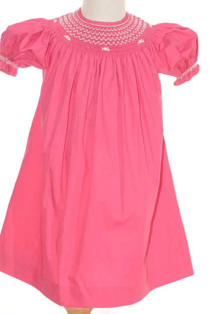 Hot Pink Geometric Smocked With Pearls Short Sleeve Bishop Dress