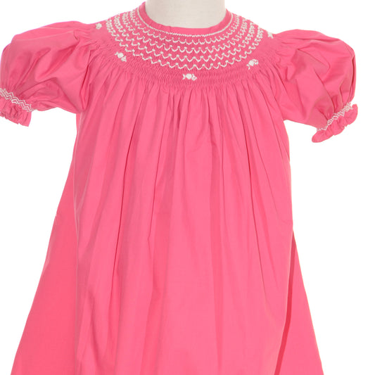 Hot Pink Geometric Smocked With Pearls Short Sleeve Bishop Dress