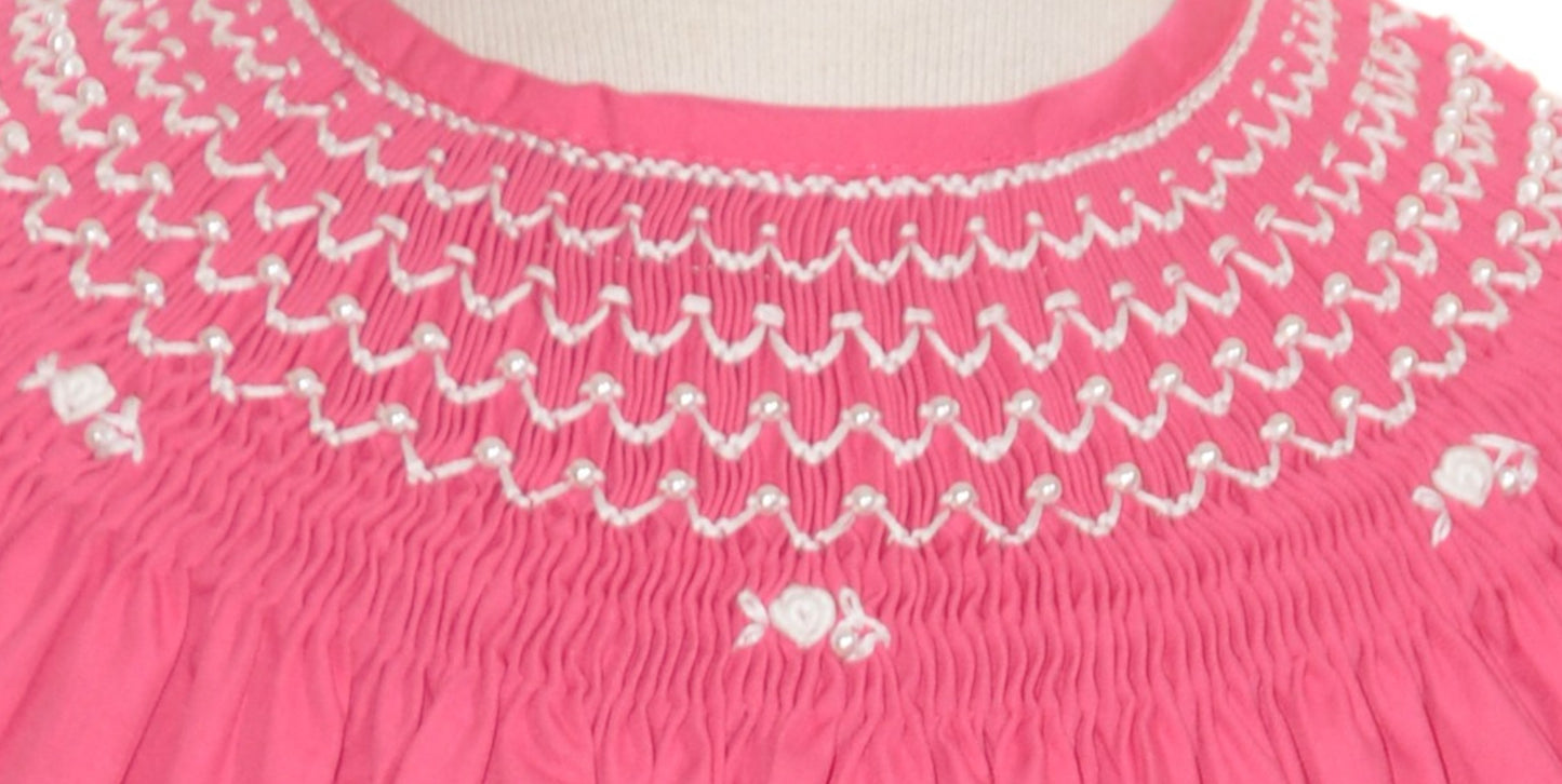 Hot Pink Geometric Smocked With Pearls Short Sleeve Bishop Dress