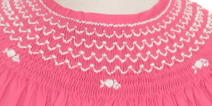 Hot Pink Geometric Smocked With Pearls Short Sleeve Bishop Dress
