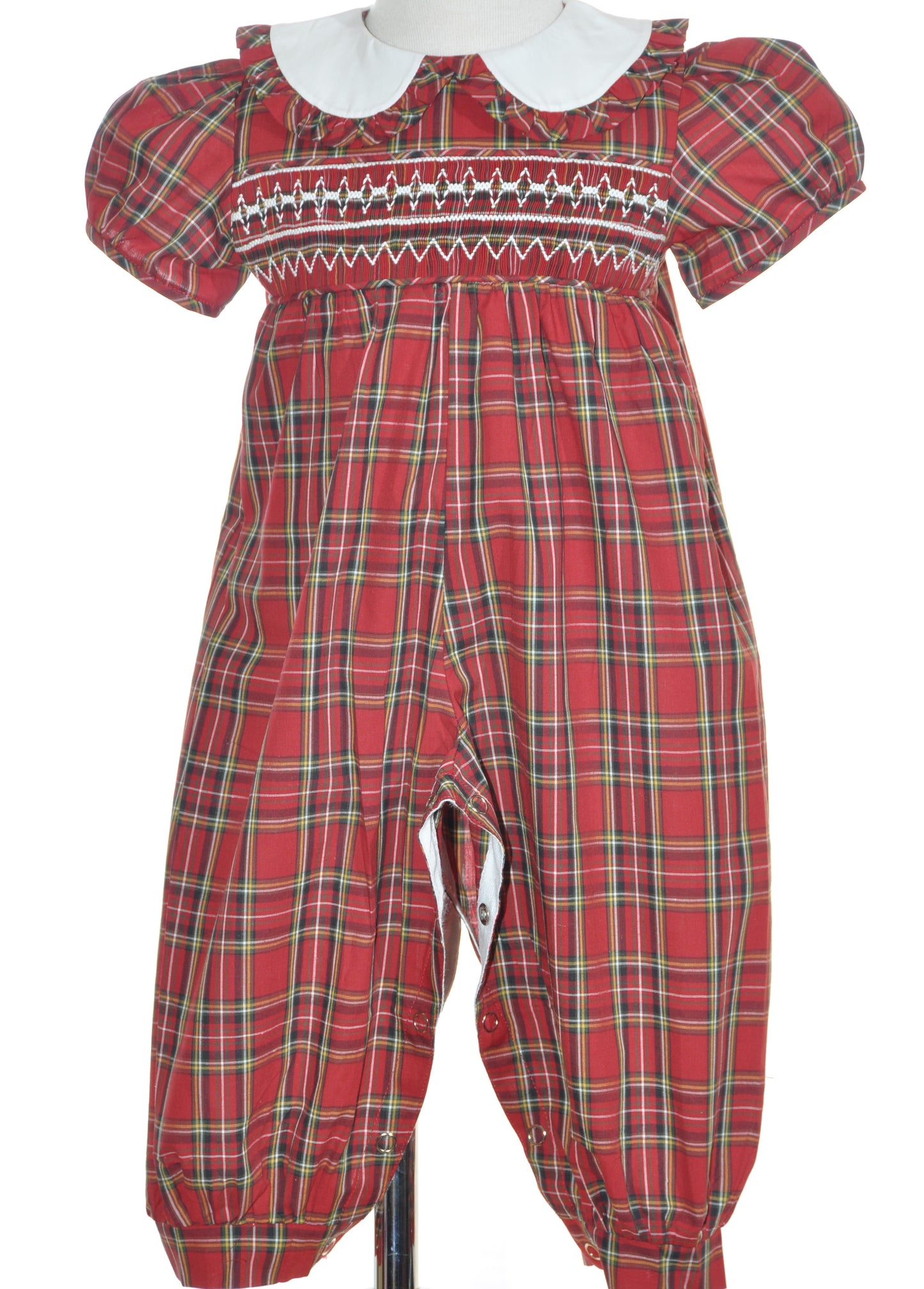 Red Plaid Geometric Smocked Girl Romper