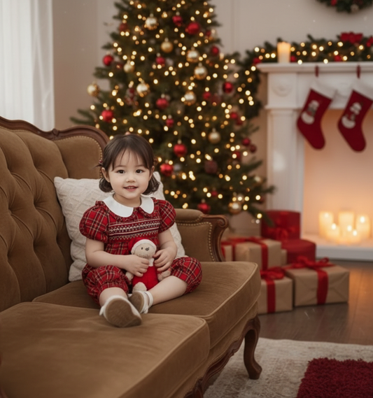 Red Plaid Geometric Smocked Girl Romper