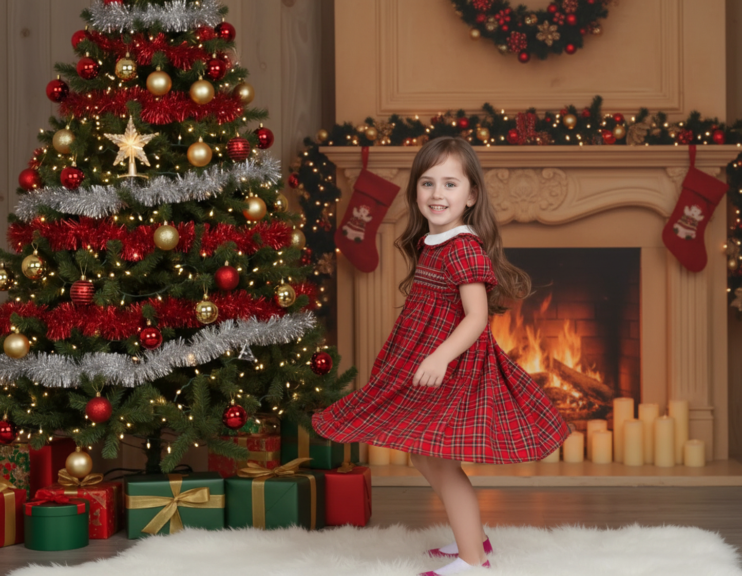 Red Plaid Geometric Smocked Girl Dress
