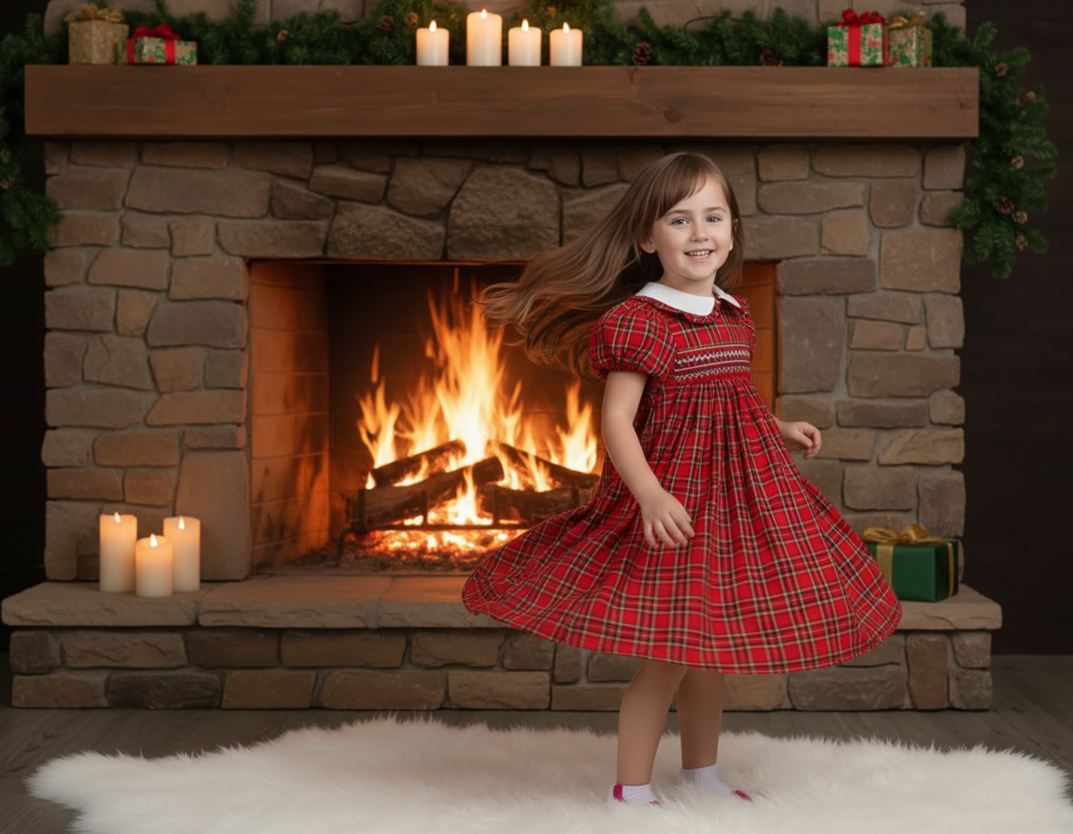 Red Plaid Geometric Smocked Girl Dress