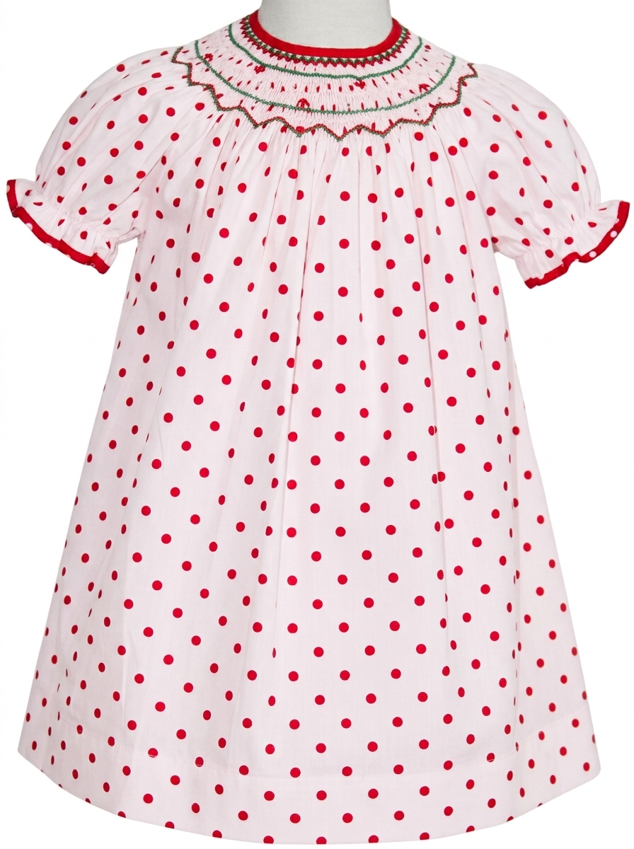Red Dot Geometric Smocked Short Sleeve Bishop Dress