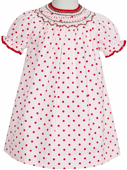 Red Dot Geometric Smocked Short Sleeve Bishop Dress