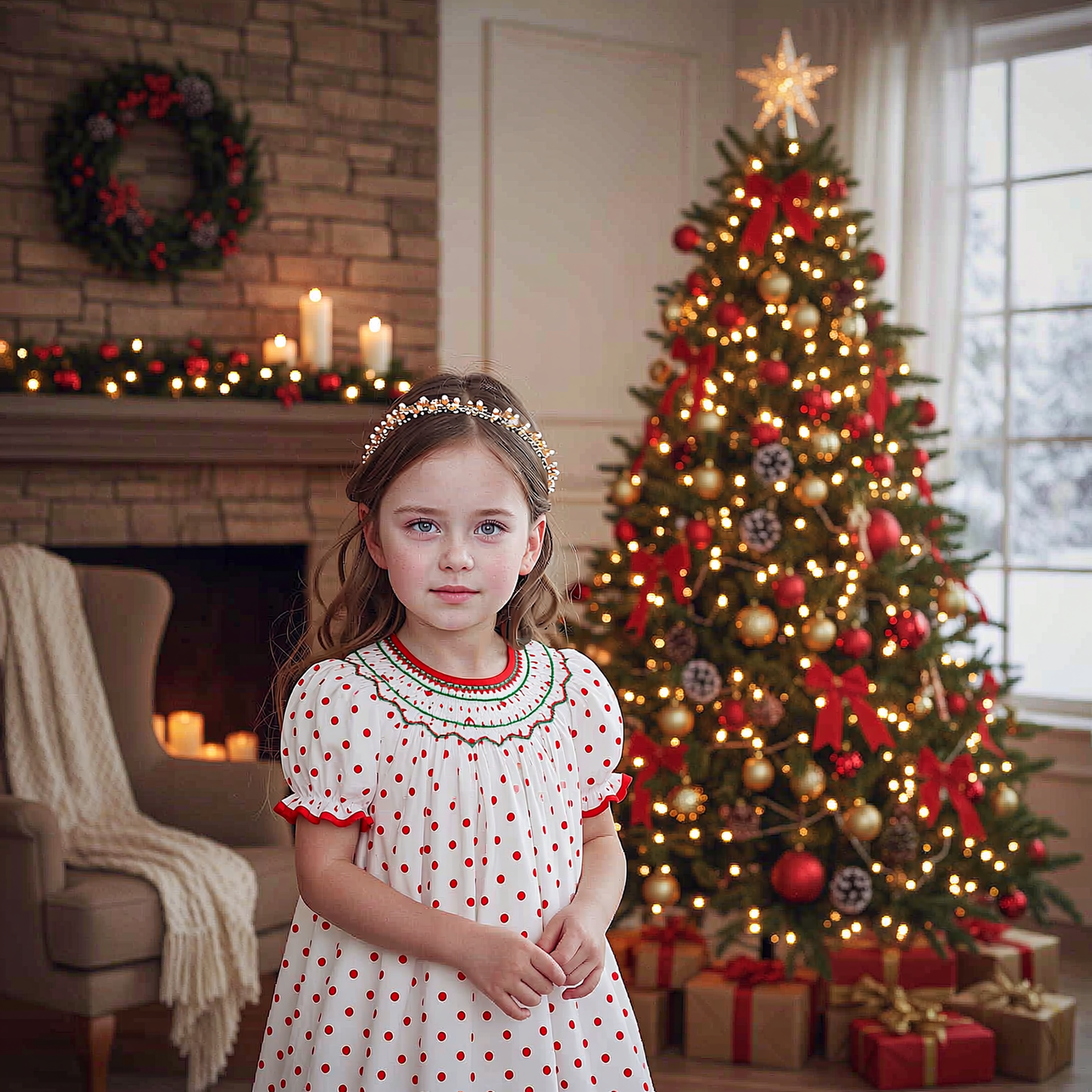 Red Dot Geometric Smocked Short Sleeve Bishop Dress