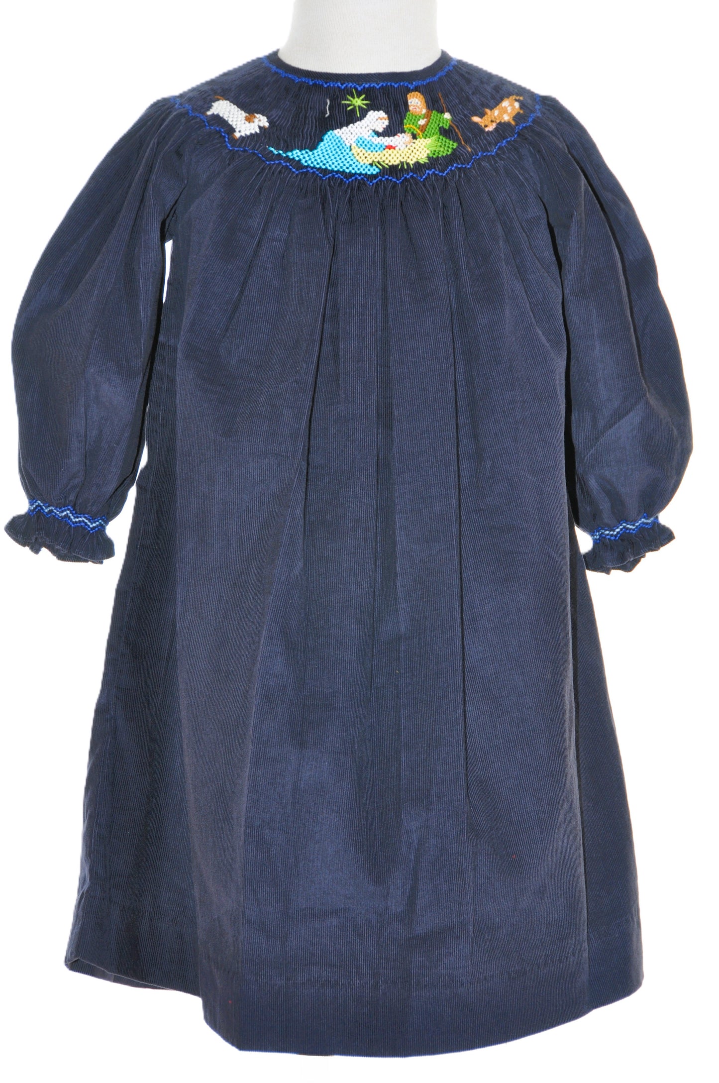 Navy Corduroy Nativity Smocked Long Sleeve Bishop Dress