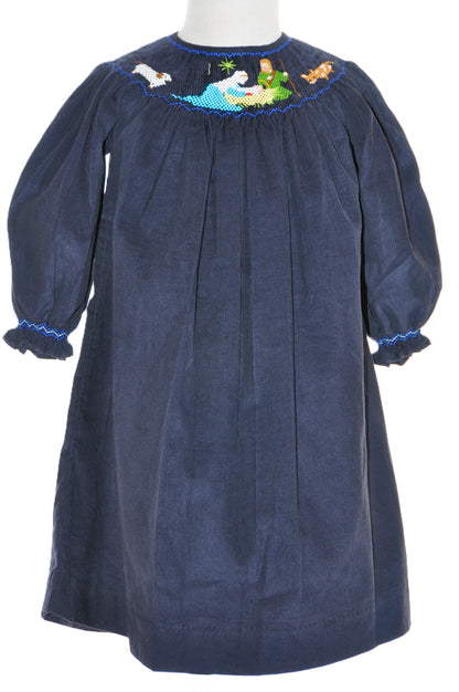Navy Corduroy Nativity Smocked Long Sleeve Bishop Dress