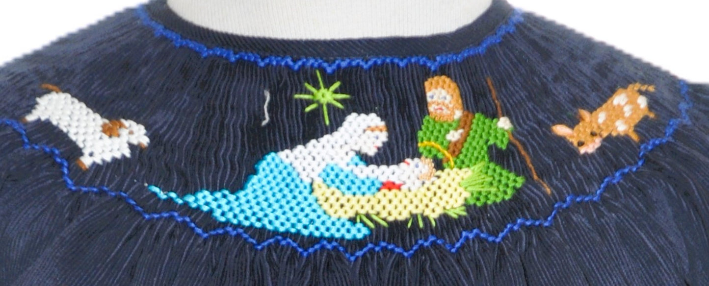 Navy Corduroy Nativity Smocked Long Sleeve Bishop Dress