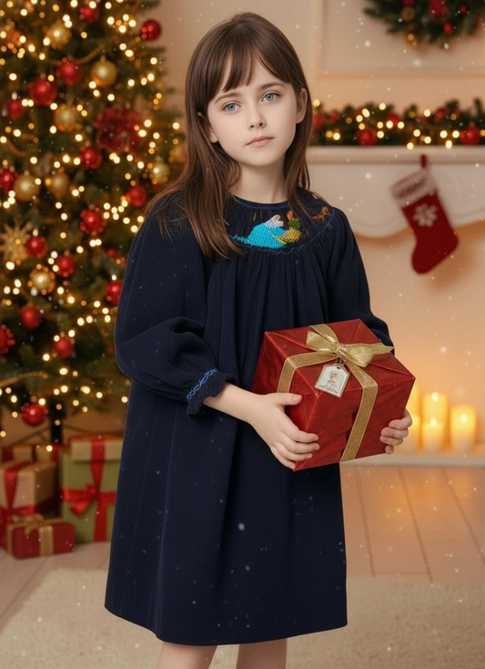 Navy Corduroy Nativity Smocked Long Sleeve Bishop Dress