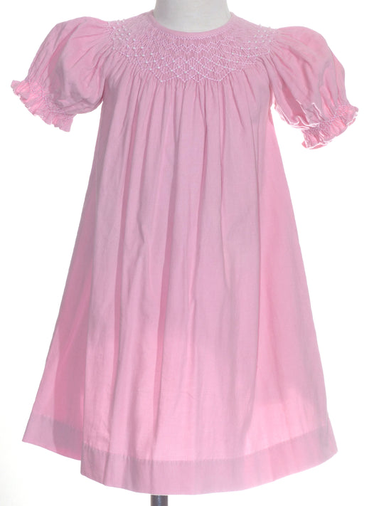 Pink Corduroy Geo Smocked With Pearl Short Sleeve Bishop Dress