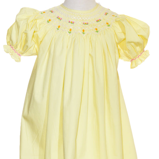 Yellow Geometric Smocked With Flowers Short Sleeve Dress