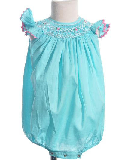 Turquoise Geo Smocked With Flowers Angel Wing Sleeve Bubble
