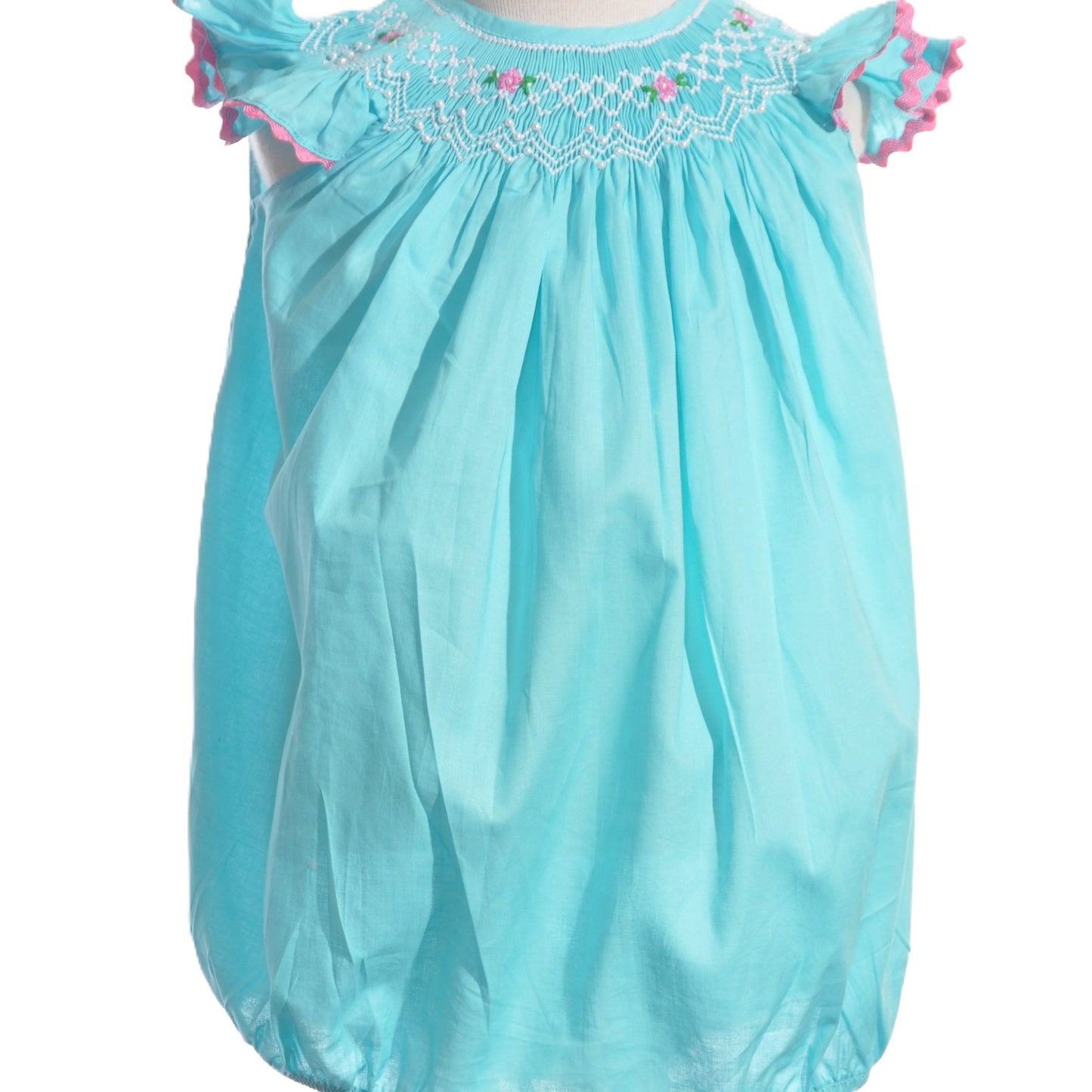 Turquoise Geo Smocked With Flowers Angel Wing Sleeve Bubble