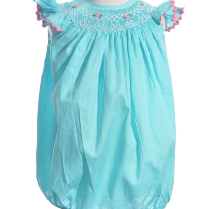 Turquoise Geo Smocked With Flowers Angel Wing Sleeve Bubble