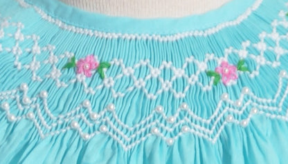 Turquoise Geo Smocked With Flowers Angel Wing Sleeve Bubble