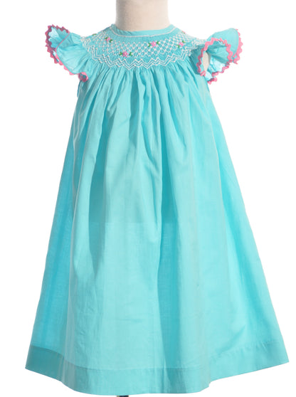 Turquise Geo Smocked With Pearls Angel Wing Sleeve Bishop Dress